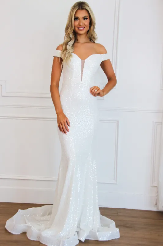 Sasha Off Shoulder Sequin Maxi Dress: White sold by Bella and Bloom