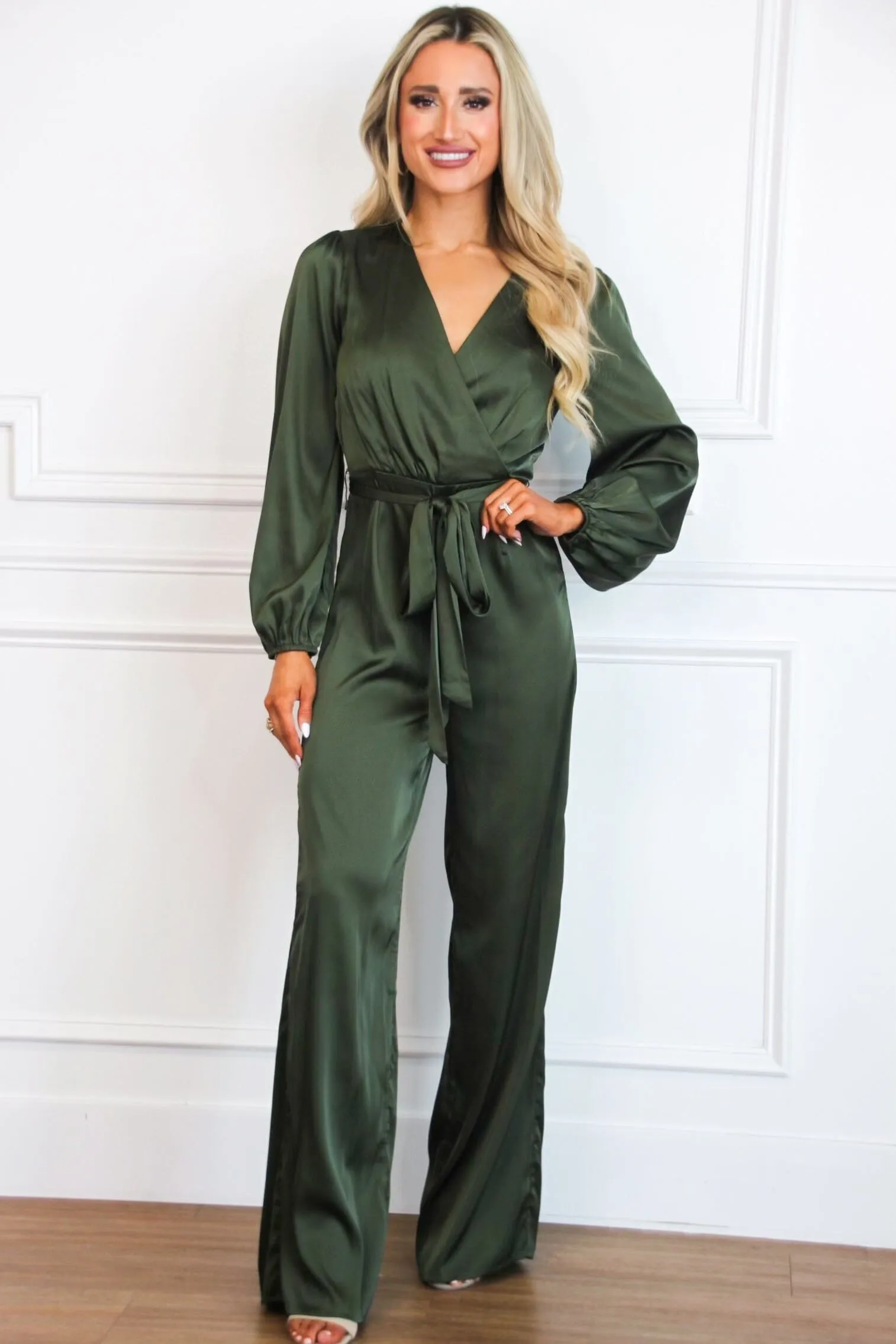 Nita V Neck Satin Jumpsuit: Olive sold by Bella and Bloom