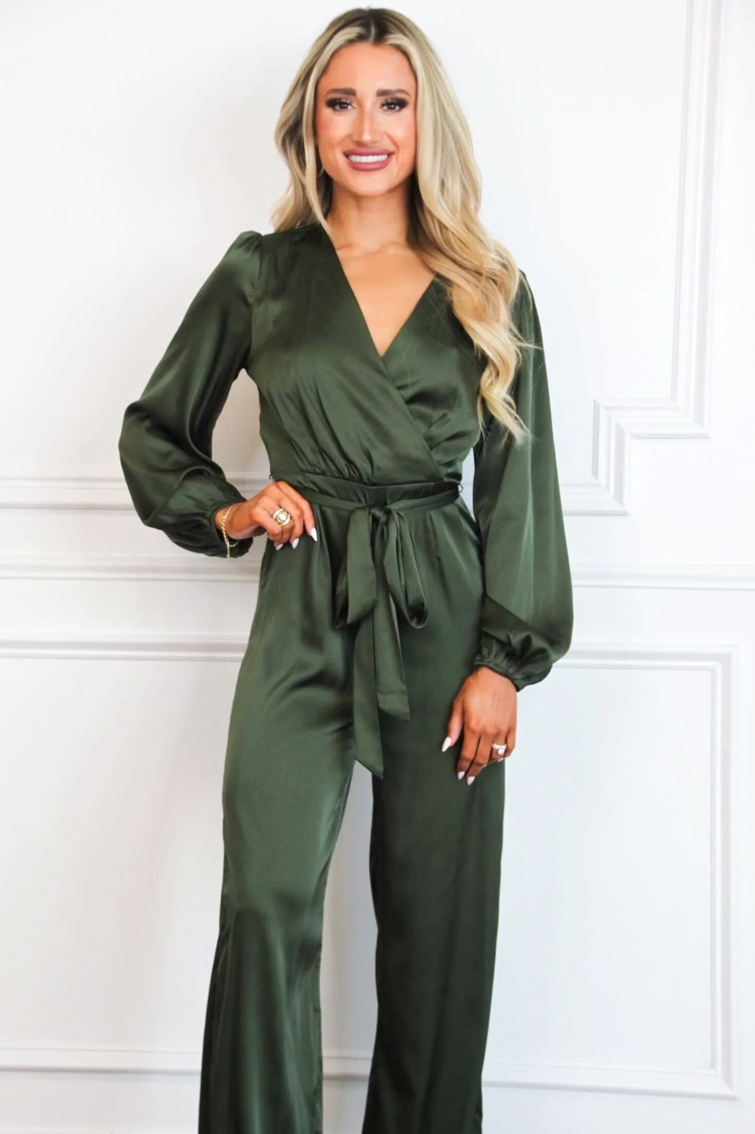 Nita V Neck Satin Jumpsuit: Olive sold by Bella and Bloom product image thumbnail 2