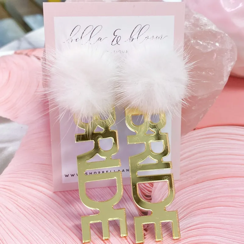 Fuzzy BRIDE Earrings: Gold/White sold by Bella and Bloom