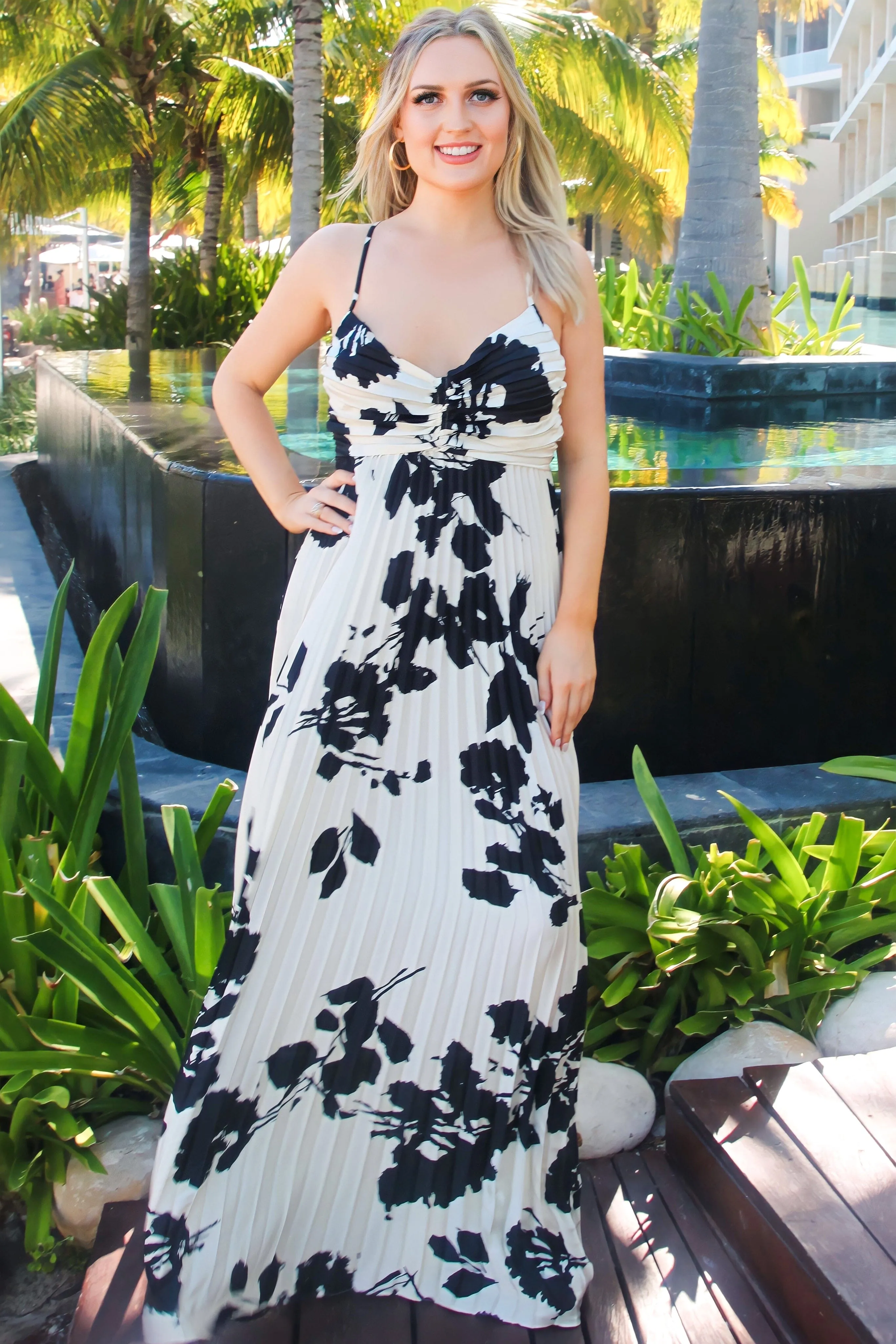 Pretty in Pleats Maxi Dress: White/Black sold by Bella and Bloom