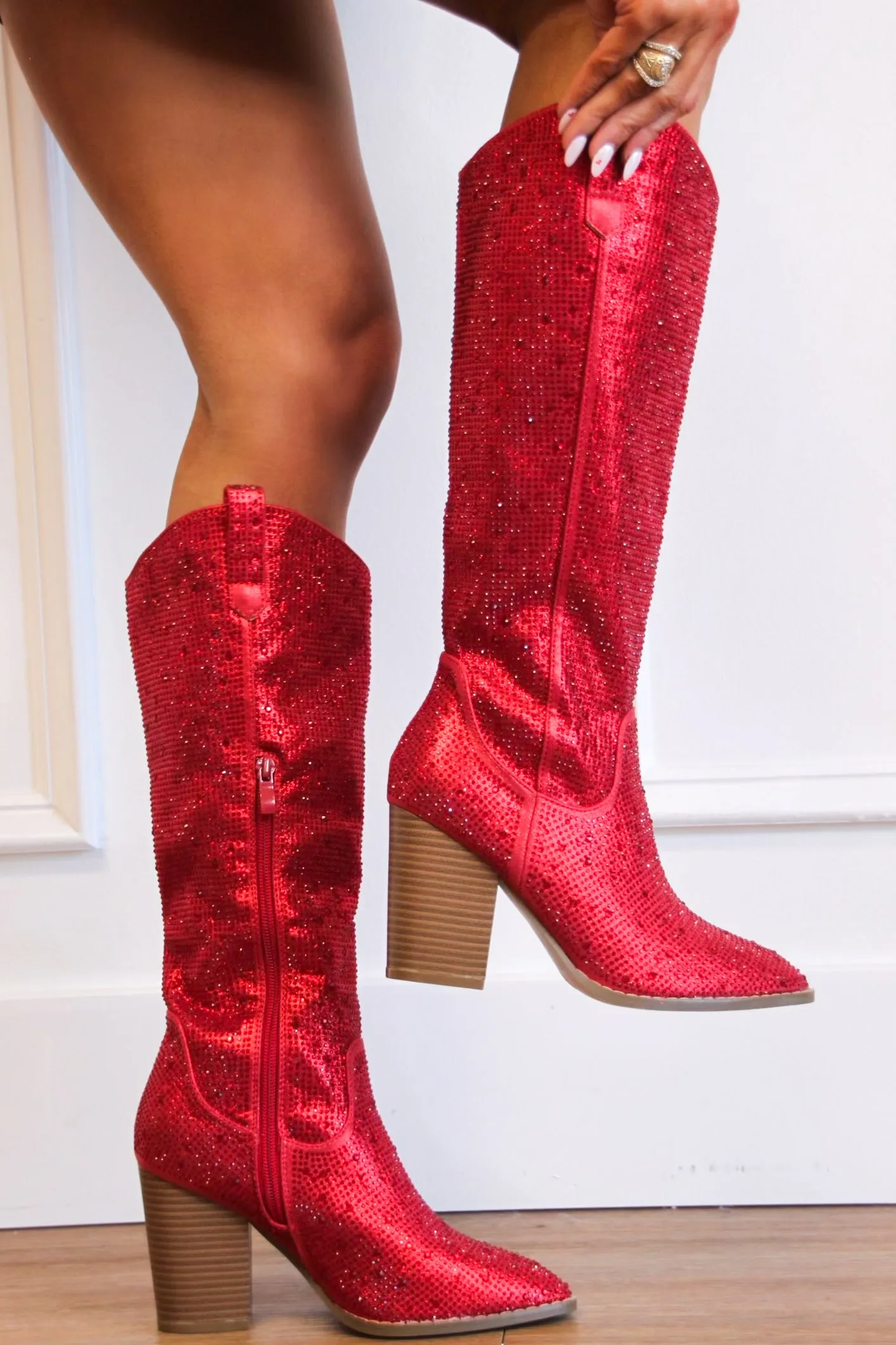 Imogen Rhinestone Knee High Western Boots: Red sold by Bella and Bloom