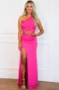 Ava Cutout One Shoulder Maxi Dress: Fuchsia sold by Bella and Bloom
