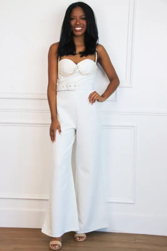 Devyn Chain Bustier Belted Jumpsuit: White sold by Bella and Bloom