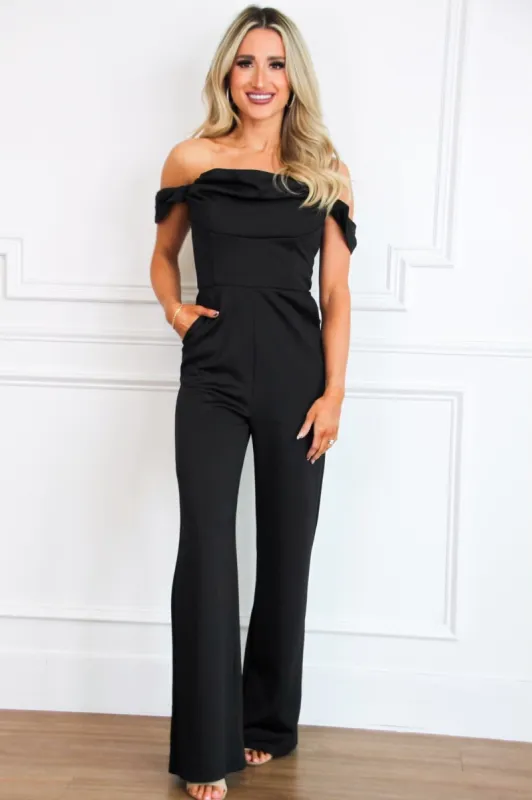 Meyer Off Shoulder Jumpsuit: Black sold by Bella and Bloom