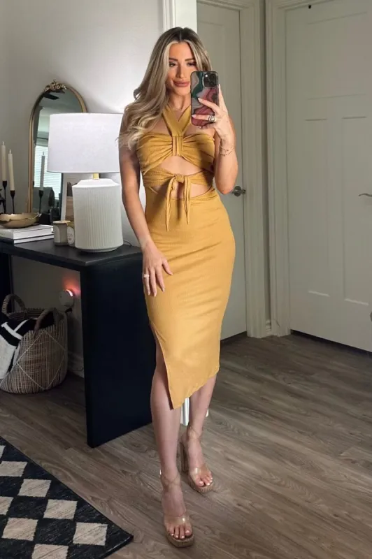 Dance the Blues Away Midi Dress: Mustard sold by Bella and Bloom