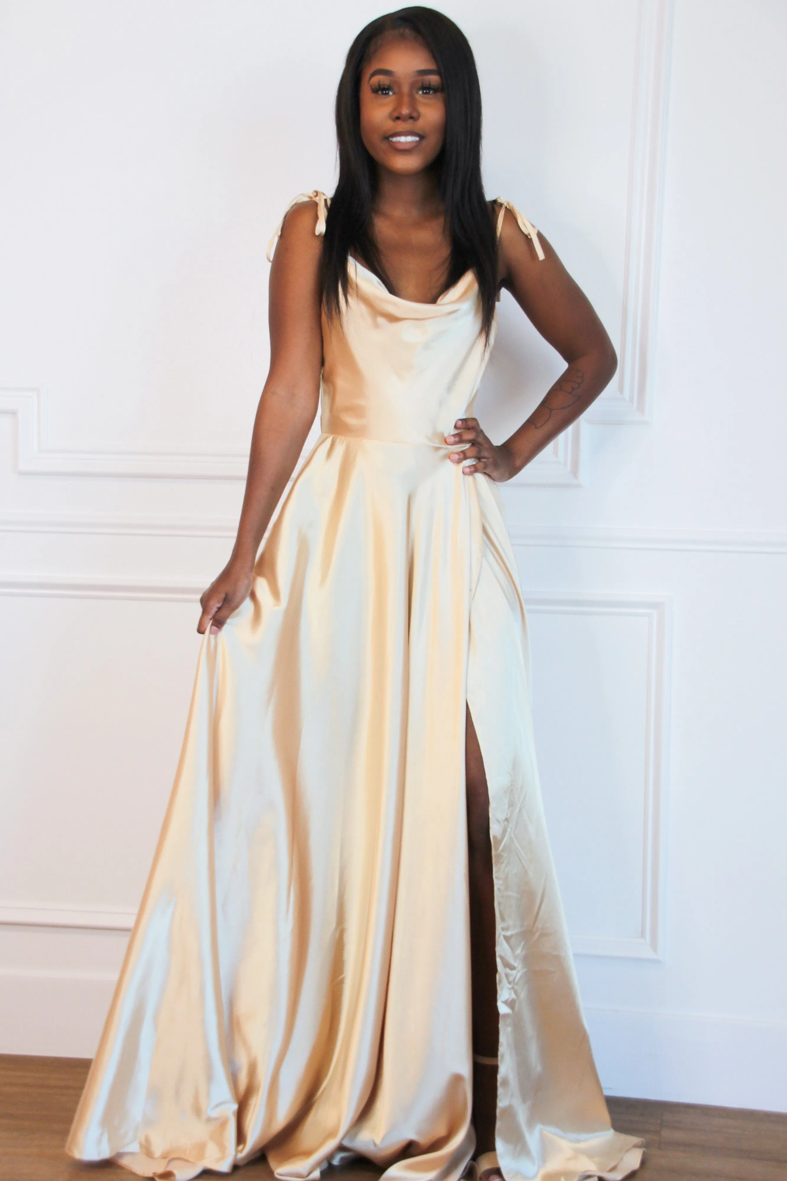 Tonight's the Night Satin Formal Dress: GOLDEN Champagne sold by Bella and Bloom