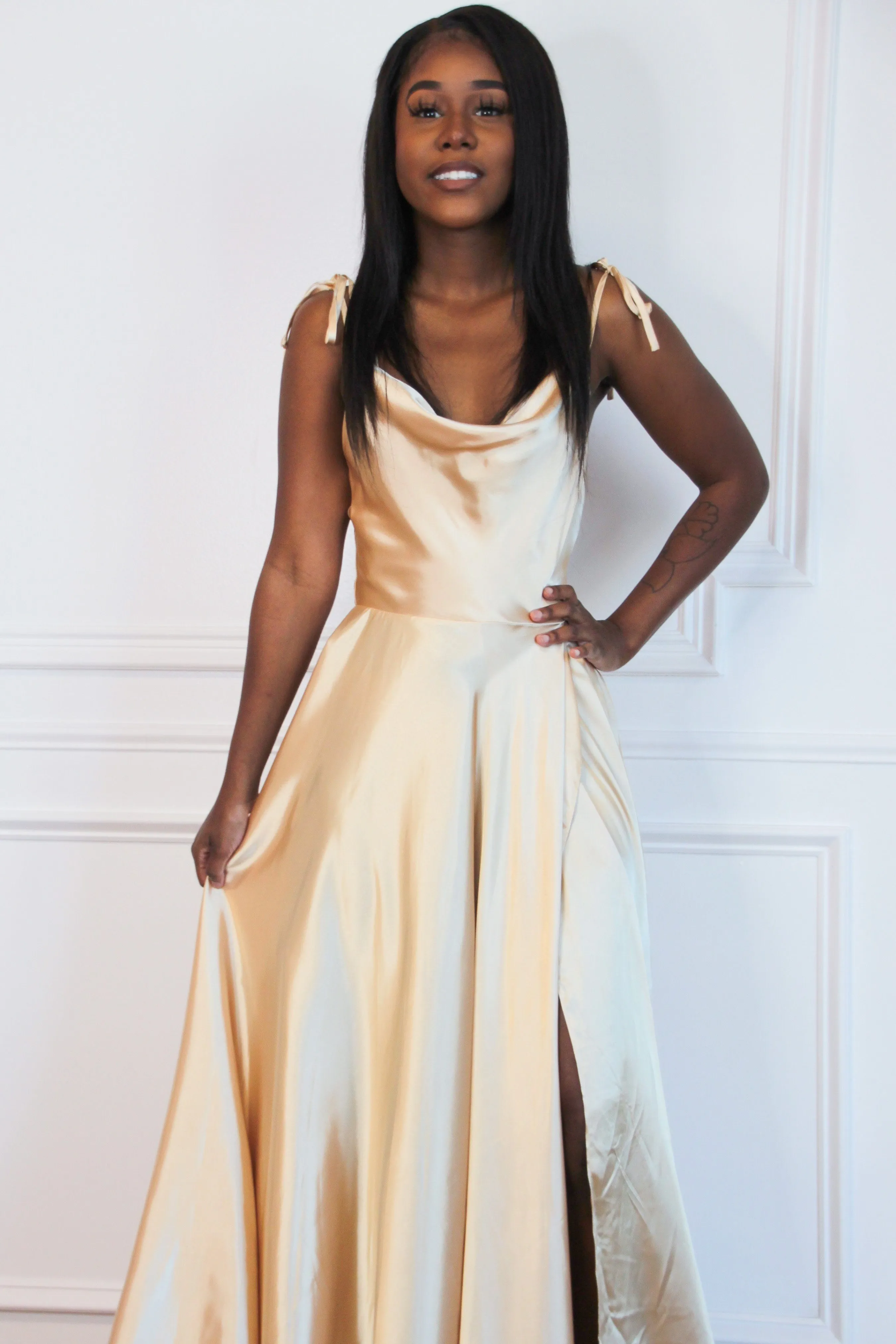 Tonight's the Night Satin Formal Dress: GOLDEN Champagne sold by Bella and Bloom product image thumbnail 2