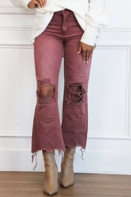 Leslie Vervet Distressed Straight High Waisted Crop Flare Denim: Russet Brown sold by Bella and Bloom
