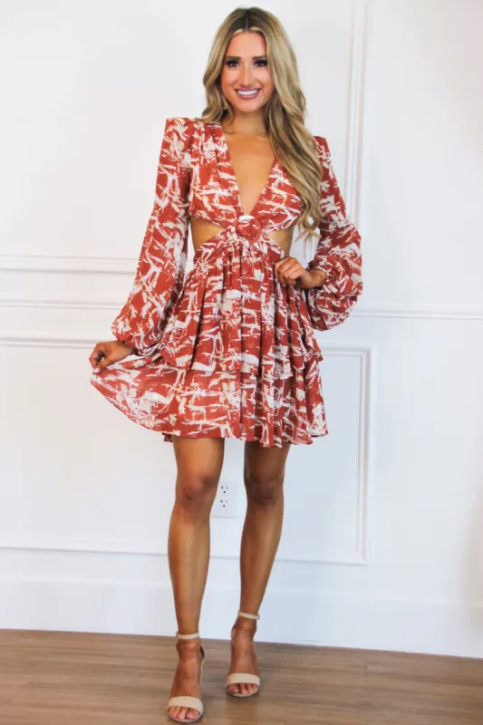 Take Your Time Abstract Cutout Dress: Rust sold by Bella and Bloom