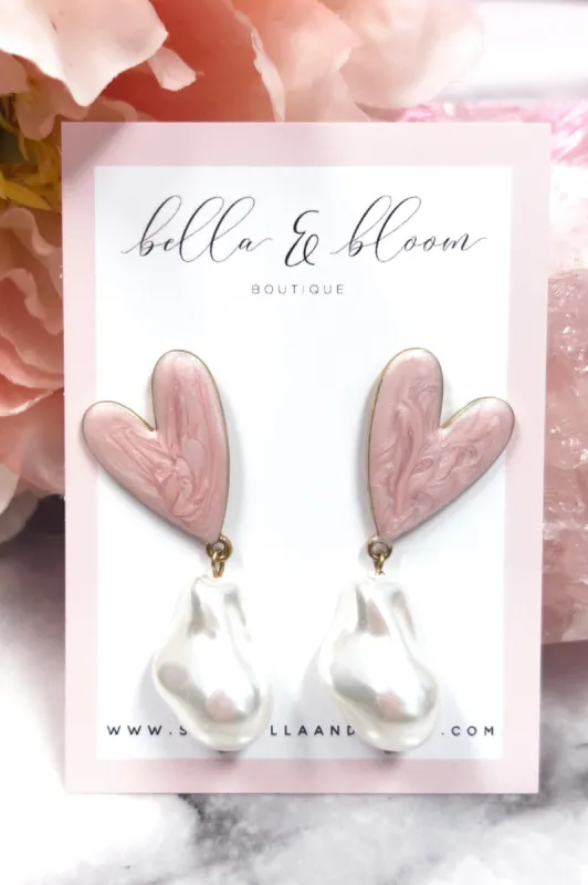 Lucy Pearl Heart Earrings: Light Pink/White sold by Bella and Bloom