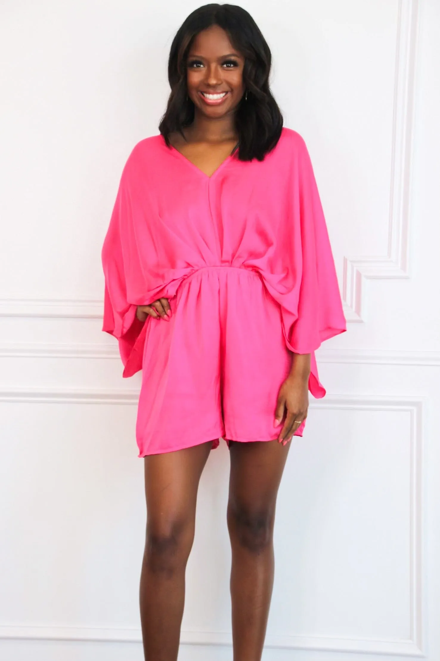 Jade Satin Kimono Sleeve Romper: Fuchsia sold by Bella and Bloom product image thumbnail 3