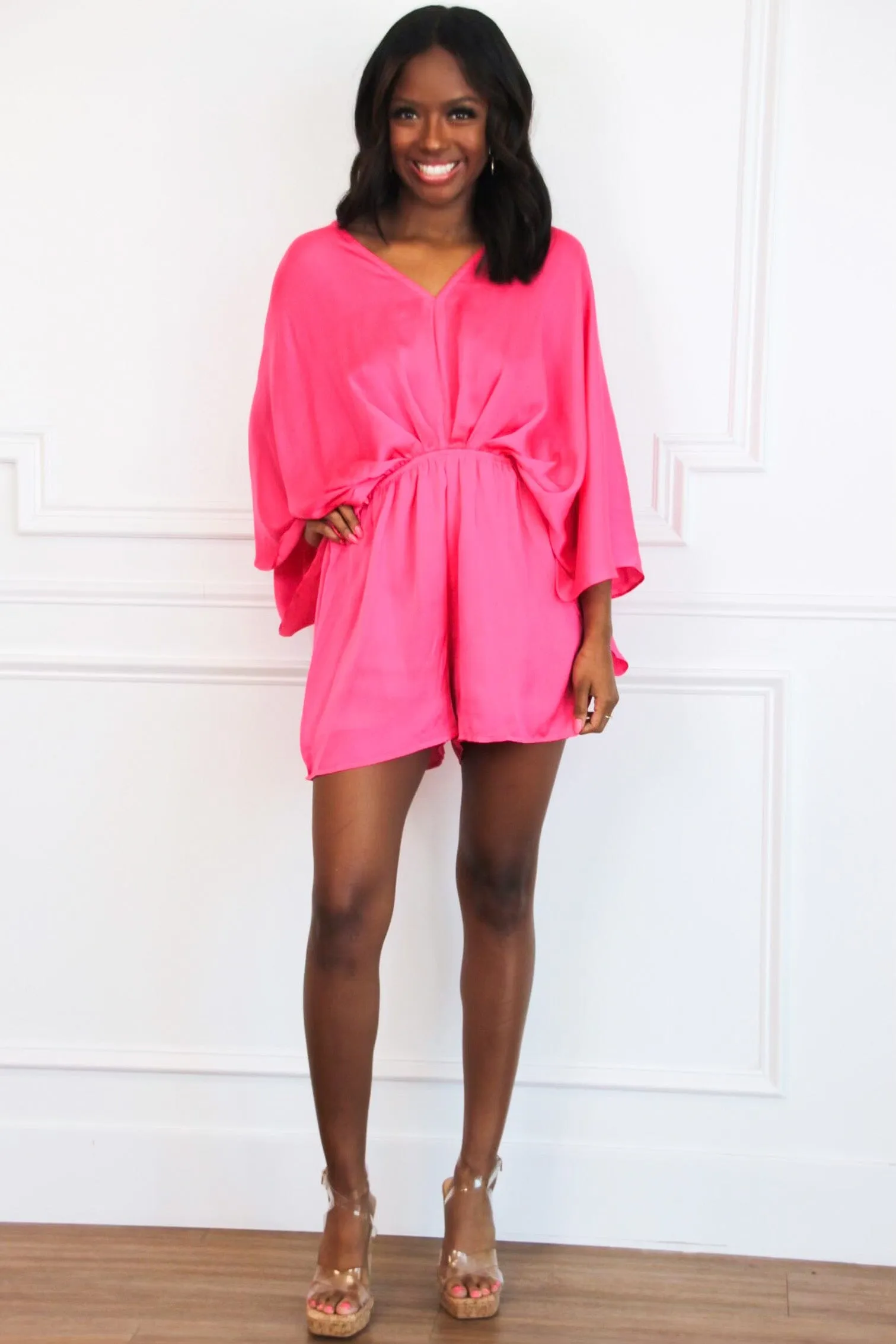 Jade Satin Kimono Sleeve Romper: Fuchsia sold by Bella and Bloom