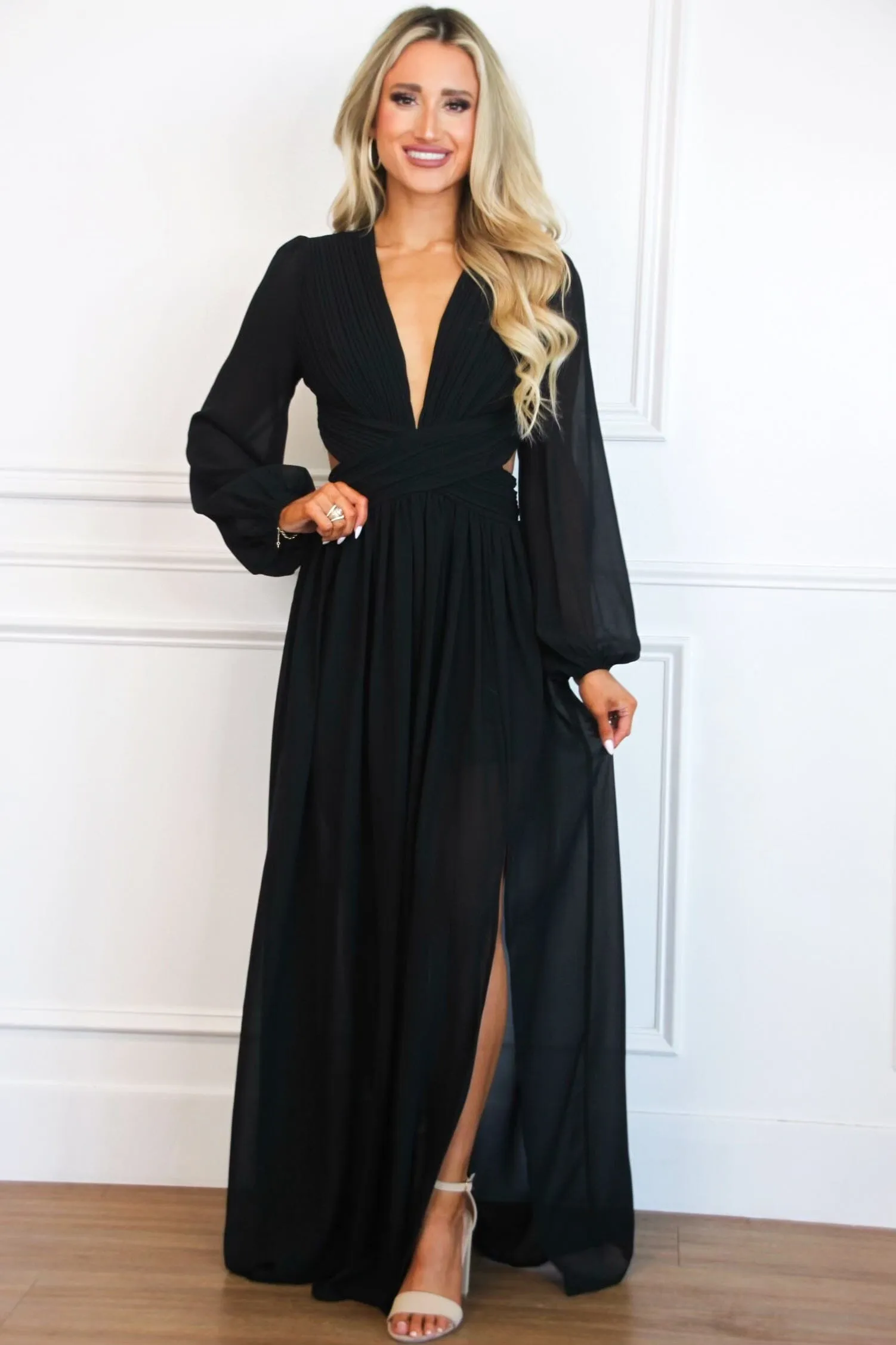 Covina Long Sleeve Cutout Maxi Dress: Black sold by Bella and Bloom