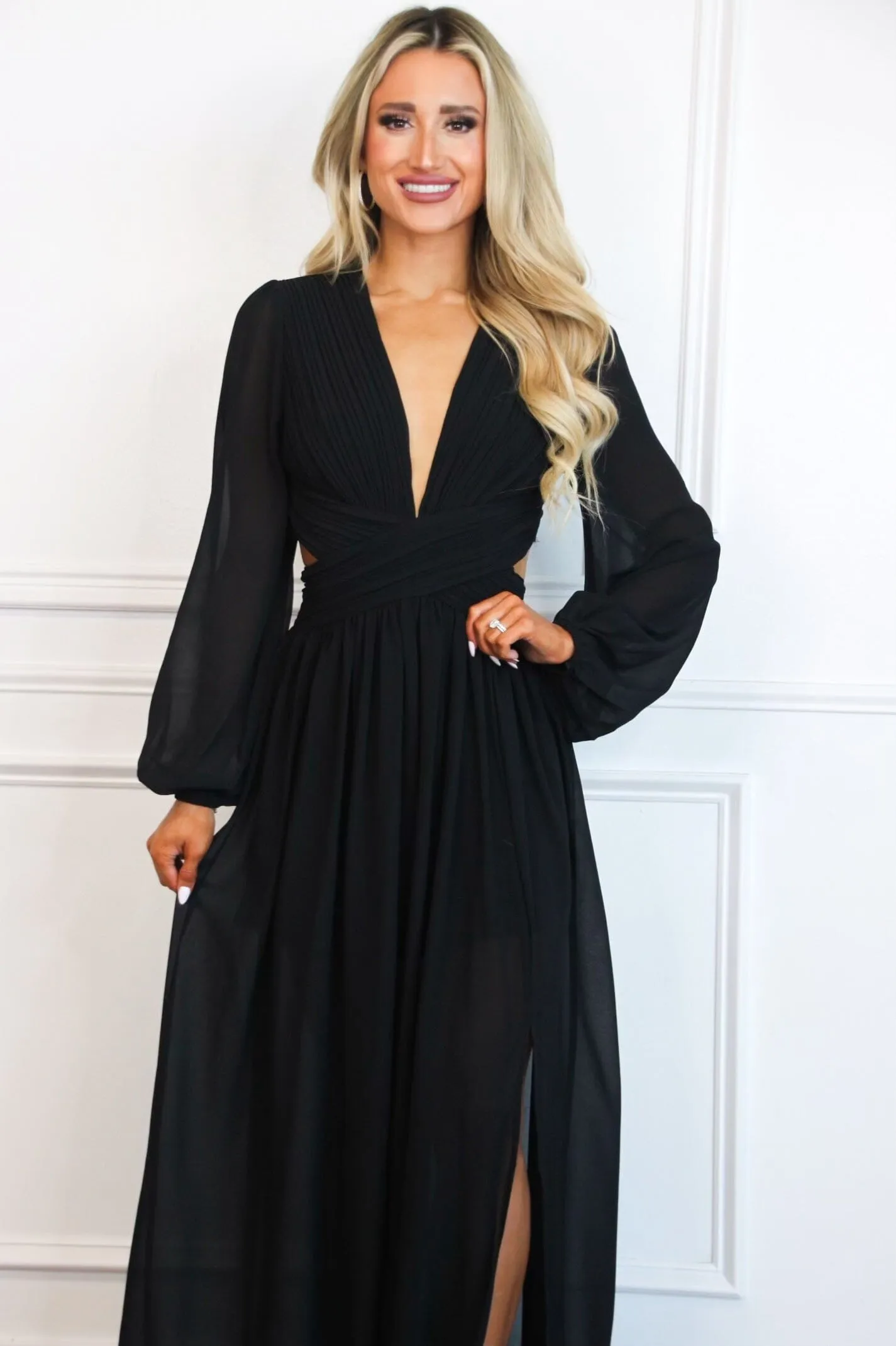 Covina Long Sleeve Cutout Maxi Dress: Black sold by Bella and Bloom product image thumbnail 2