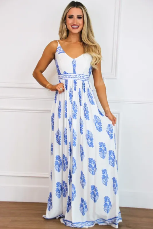 Under the Sunset Backless Maxi Dress: White/Blue Multi sold by Bella and Bloom