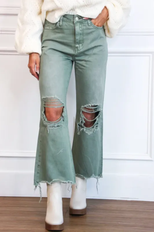 Leslie Distressed Straight High Waisted Crop Flare Denim: Olive Green sold by Bella and Bloom