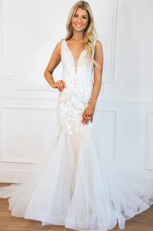 Dream Come True Lace Mermaid Wedding Dress: White/Nude sold by Bella and Bloom
