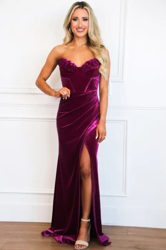 Lennox Strapless Velvet Maxi Dress: Berry sold by Bella and Bloom
