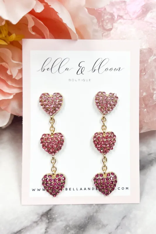Zoe Tri-Color Embellished Heart Earrings: Pink sold by Bella and Bloom