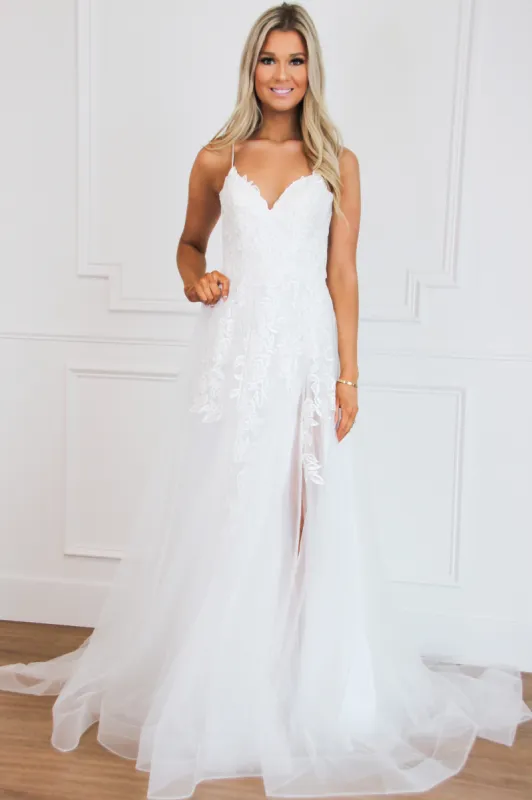 Grace Tulle Lace Slit Wedding Dress: White sold by Bella and Bloom