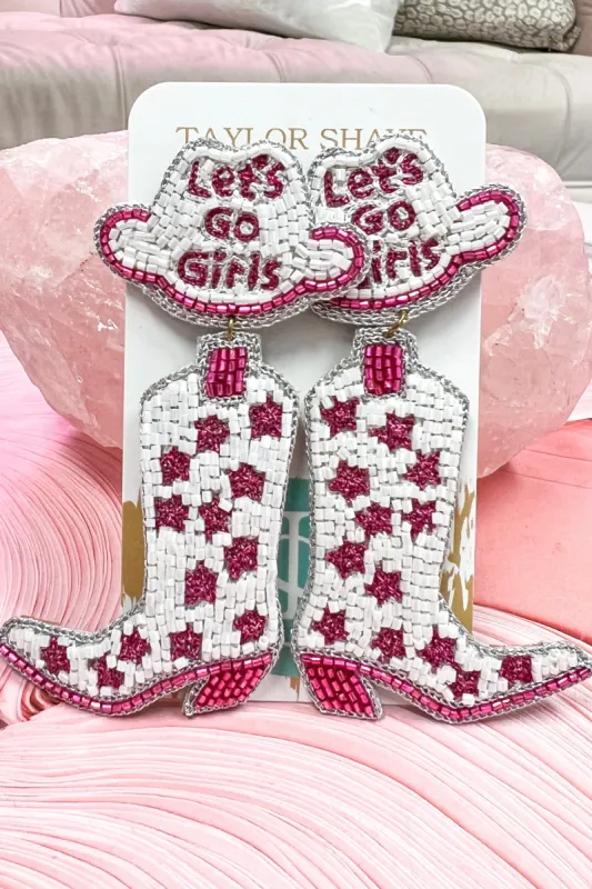 Beaded Cowboy Boot Earrings - TAYLOR SHAYE: Pink/White made by Bella and Bloom