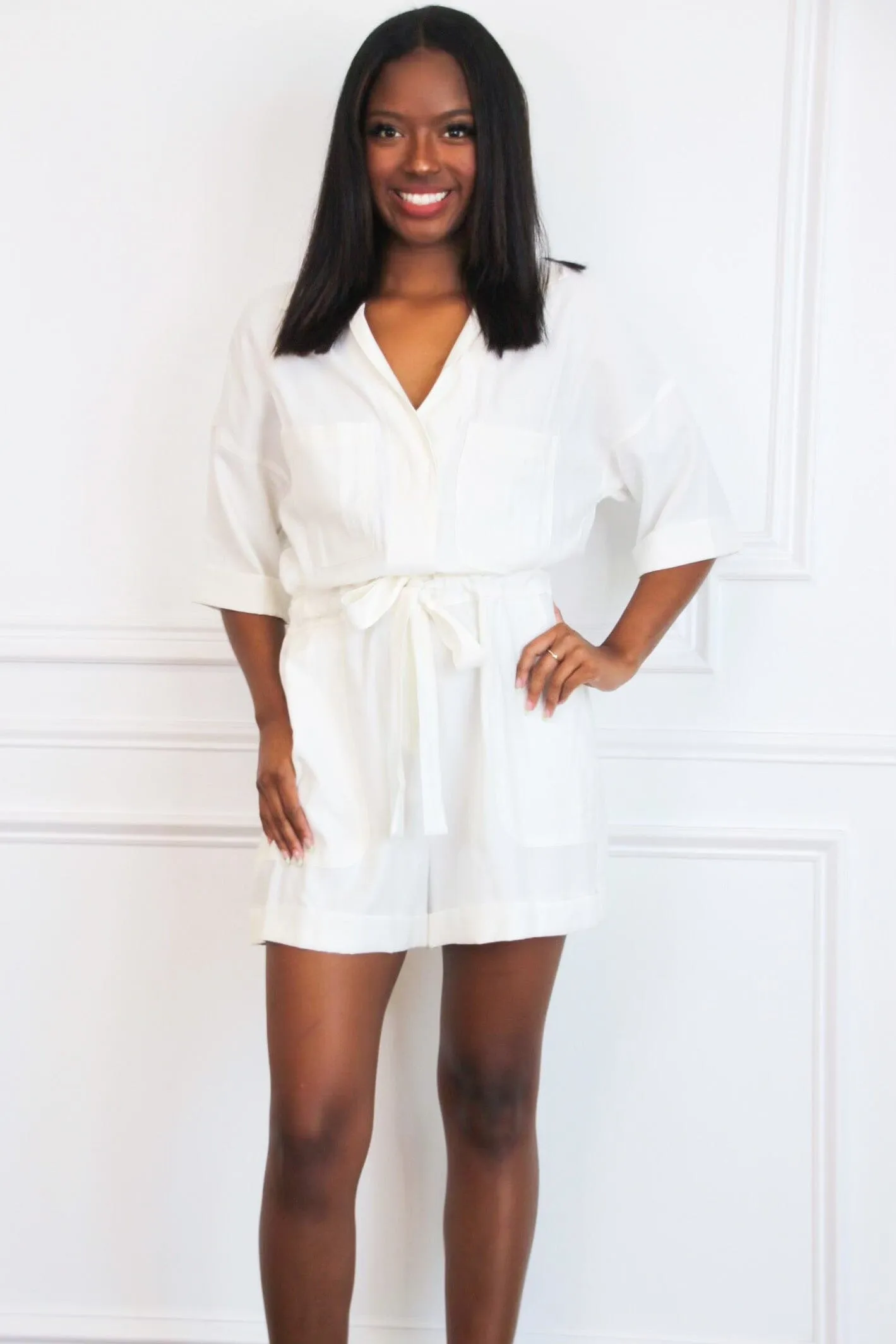 Maegan Utility Romper: White sold by Bella and Bloom product image thumbnail 3