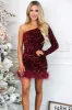 Don't Blame Me Sequin One Shoulder Feather Dress: Burgundy sold by Bella and Bloom