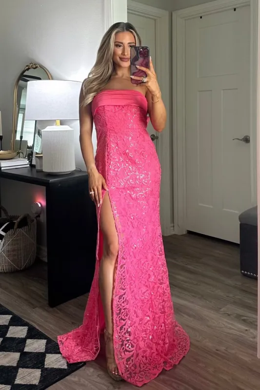 Hello Lover Bow Back Shimmer Lace Maxi Dress: Barbie Pink sold by Bella and Bloom