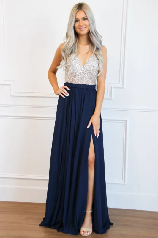 Elegant Affair Beaded Maxi Dress: Navy sold by Bella and Bloom