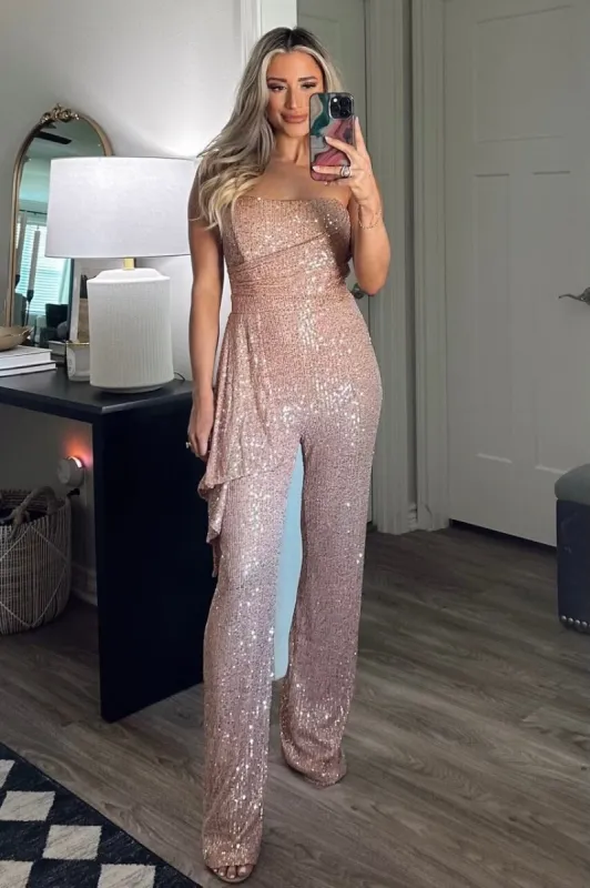 Bixby Sequin Sash Jumpsuit: Rose Gold sold by Bella and Bloom