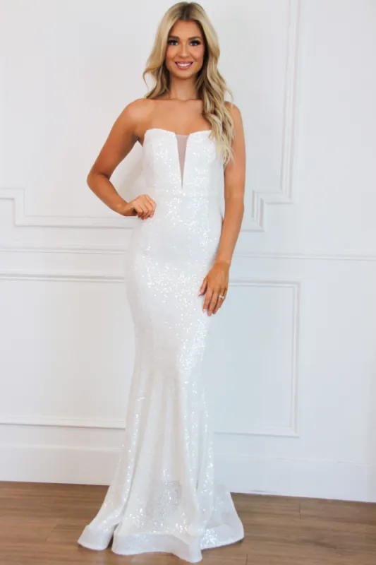 Evermore Strapless Sequin Maxi Dress: White sold by Bella and Bloom