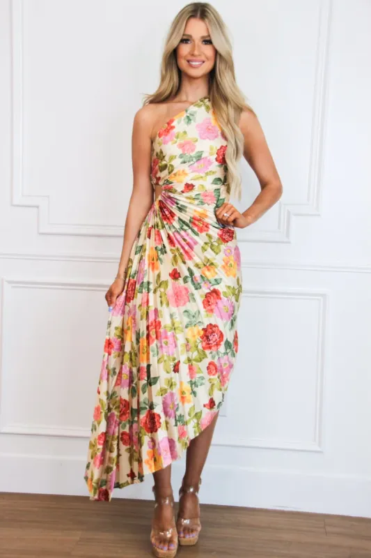 Novelle One Shoulder Pleated Asymmetrical Maxi Dress: Romantic Garden Taupe Floral sold by Bella and Bloom