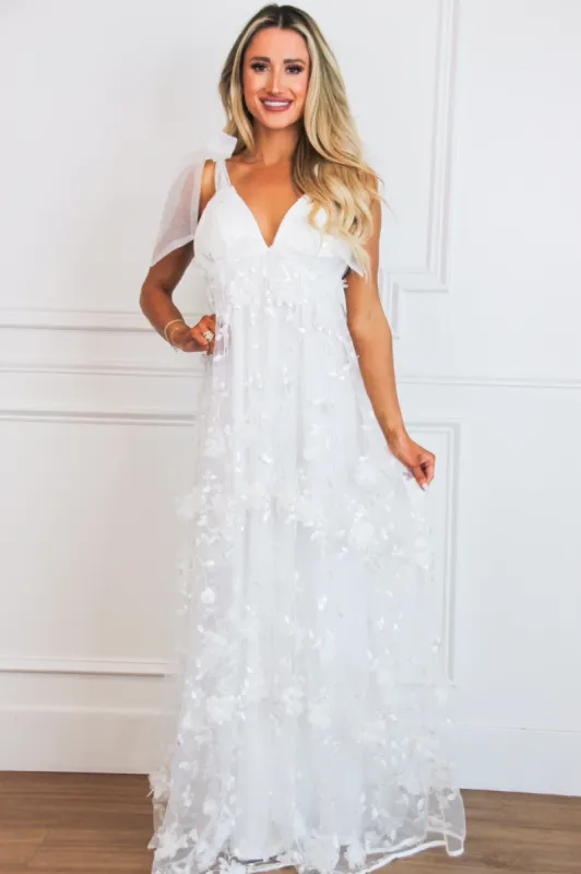Finding Romance Floral Applique Maxi Dress: White sold by Bella and Bloom