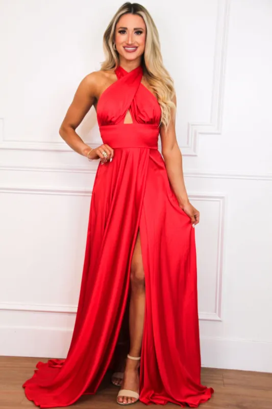 Jaycee Satin Halter Neck Slit Formal Dress: Red sold by Bella and Bloom