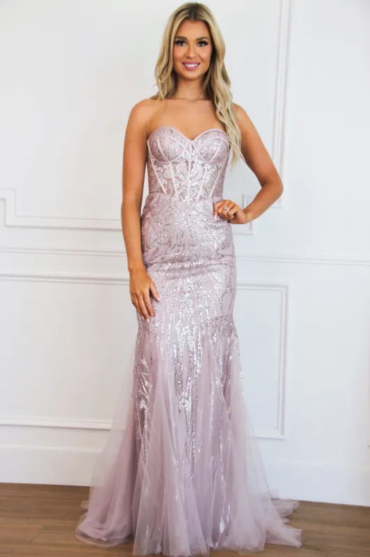 Athena Sparkly Bustier Mermaid Formal Dress: Mauve Rose sold by Bella and Bloom
