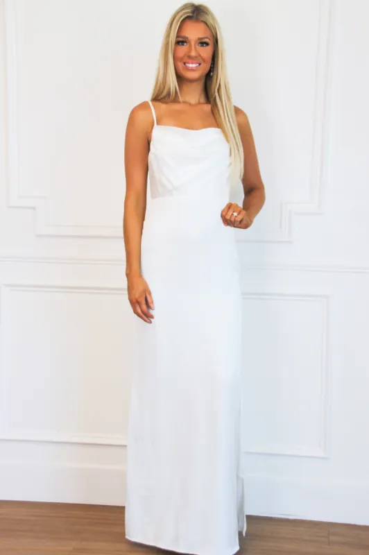 Stand by You Satin Maxi Dress: White sold by Bella and Bloom