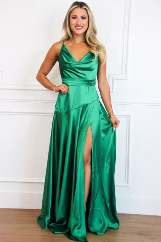 Milani Cowl Neck Satin Maxi Dress: Green sold by Bella and Bloom