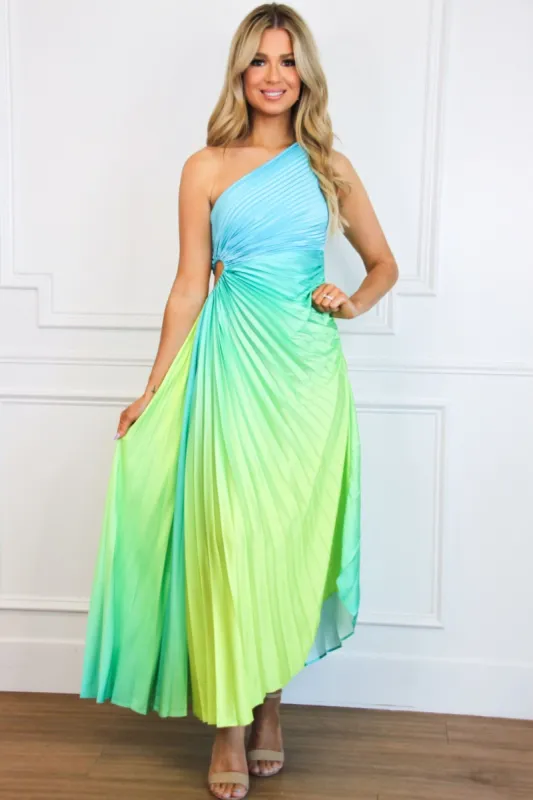 St Tropez Ombre Pleated One Shoulder Maxi Dress: Blue/Green Multi sold by Bella and Bloom