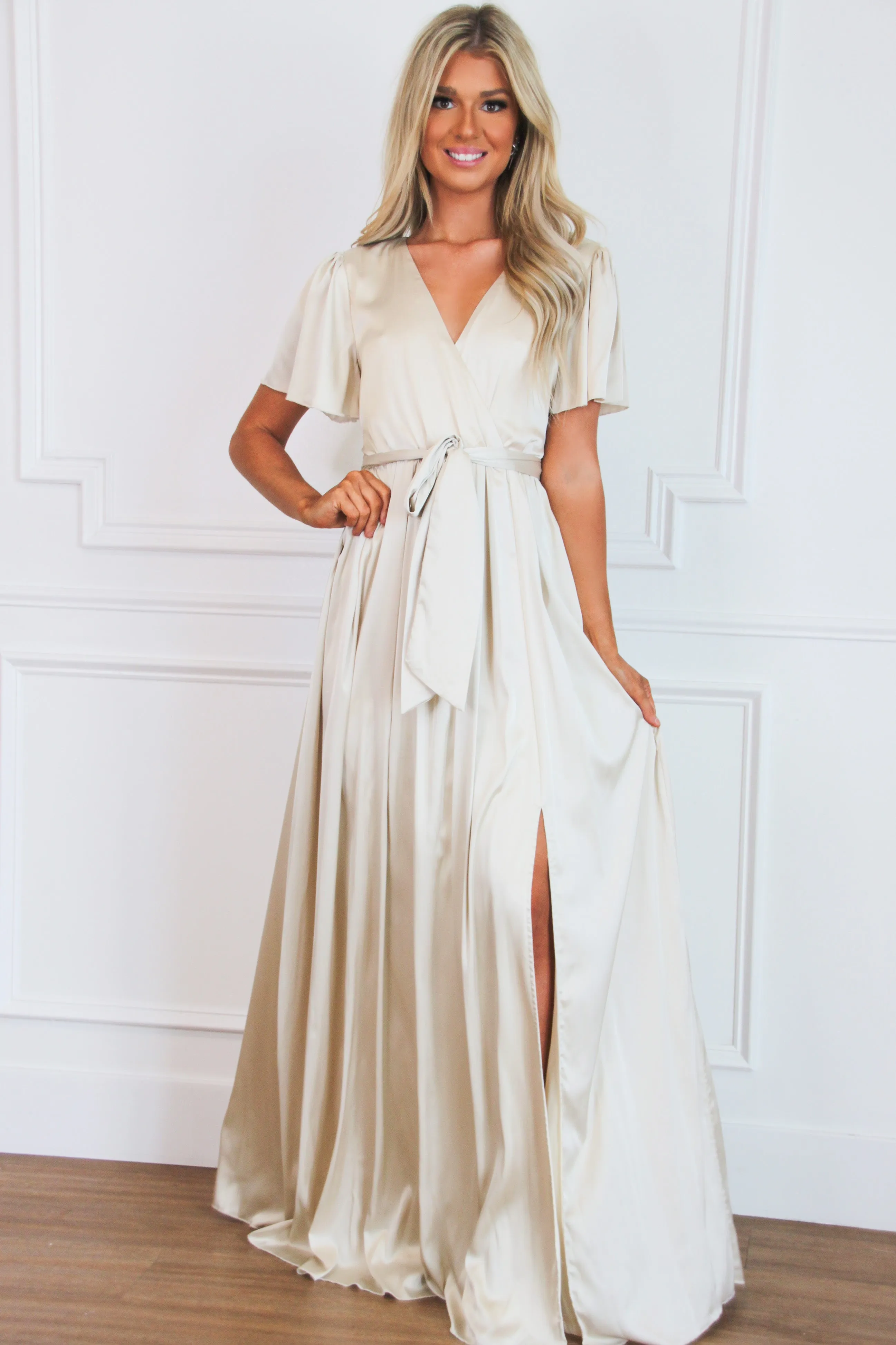 Livingston Satin Maxi Dress: Champagne sold by Bella and Bloom