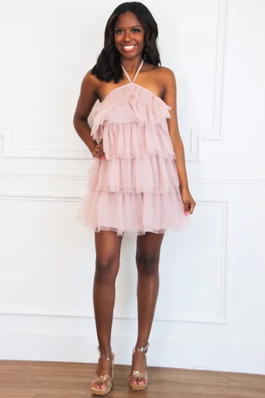 Walk With Sass Tiered Tulle Ruffle Dress: Mauve sold by Bella and Bloom