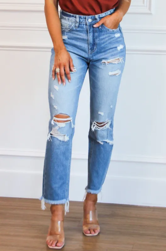 Emma Distressed Mom Denim: Light Wash sold by Bella and Bloom