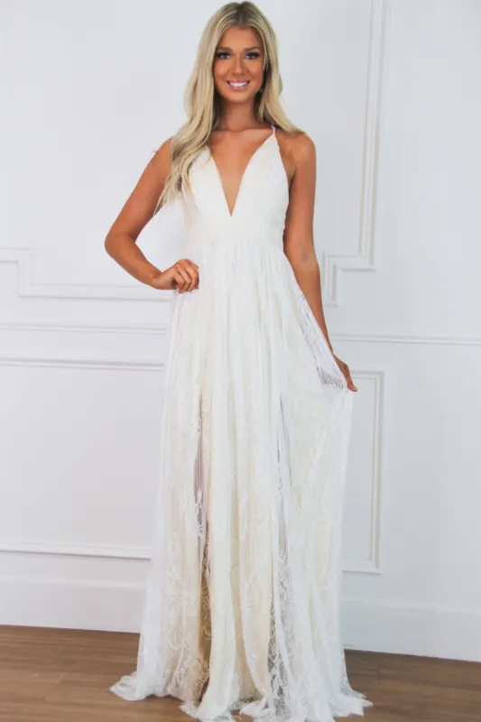 Just Like Heaven Lace Maxi Dress: White/Champagne sold by Bella and Bloom