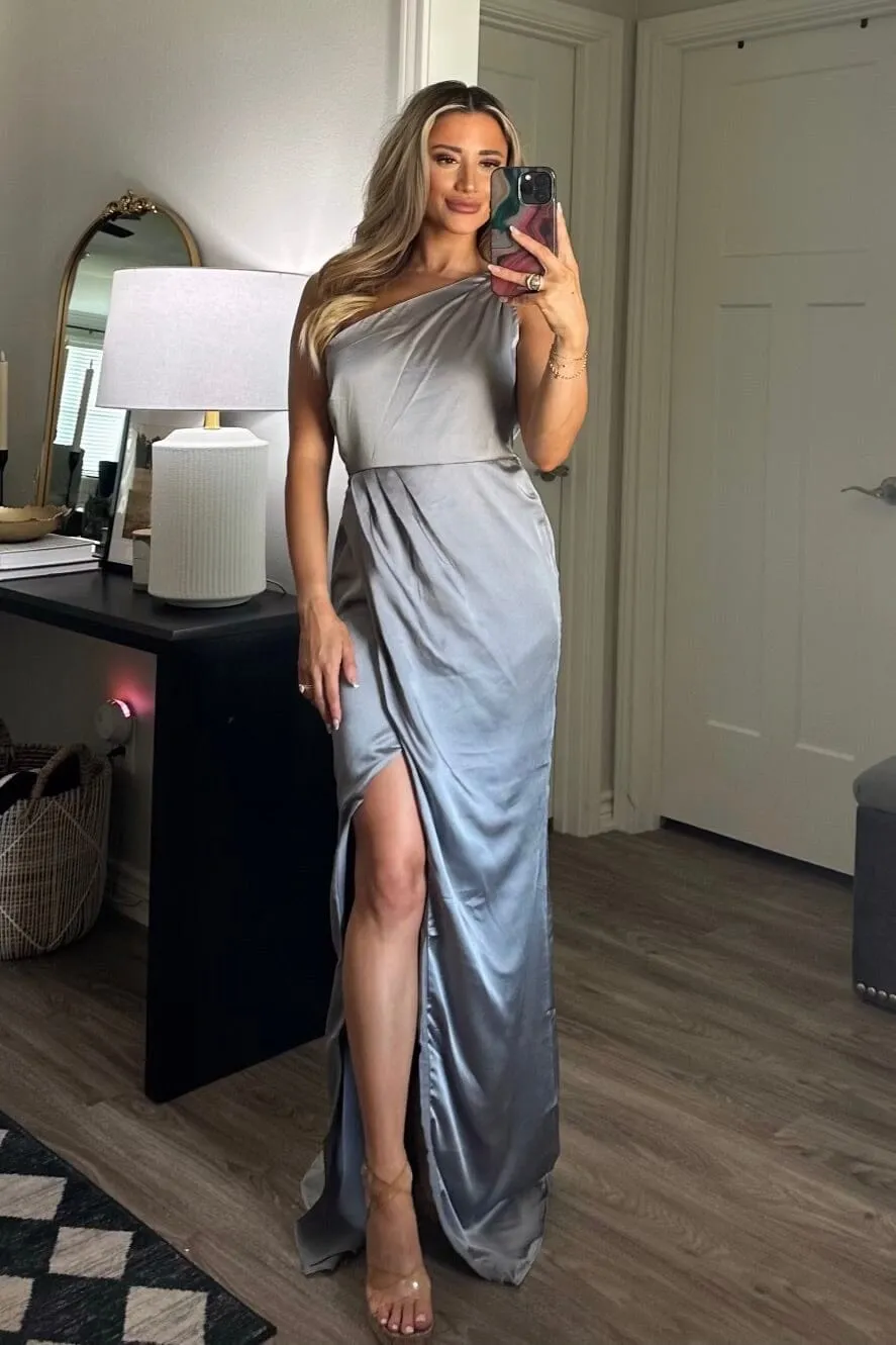 Power of Love Satin One Shoulder Maxi Dress: Silver sold by Bella and Bloom
