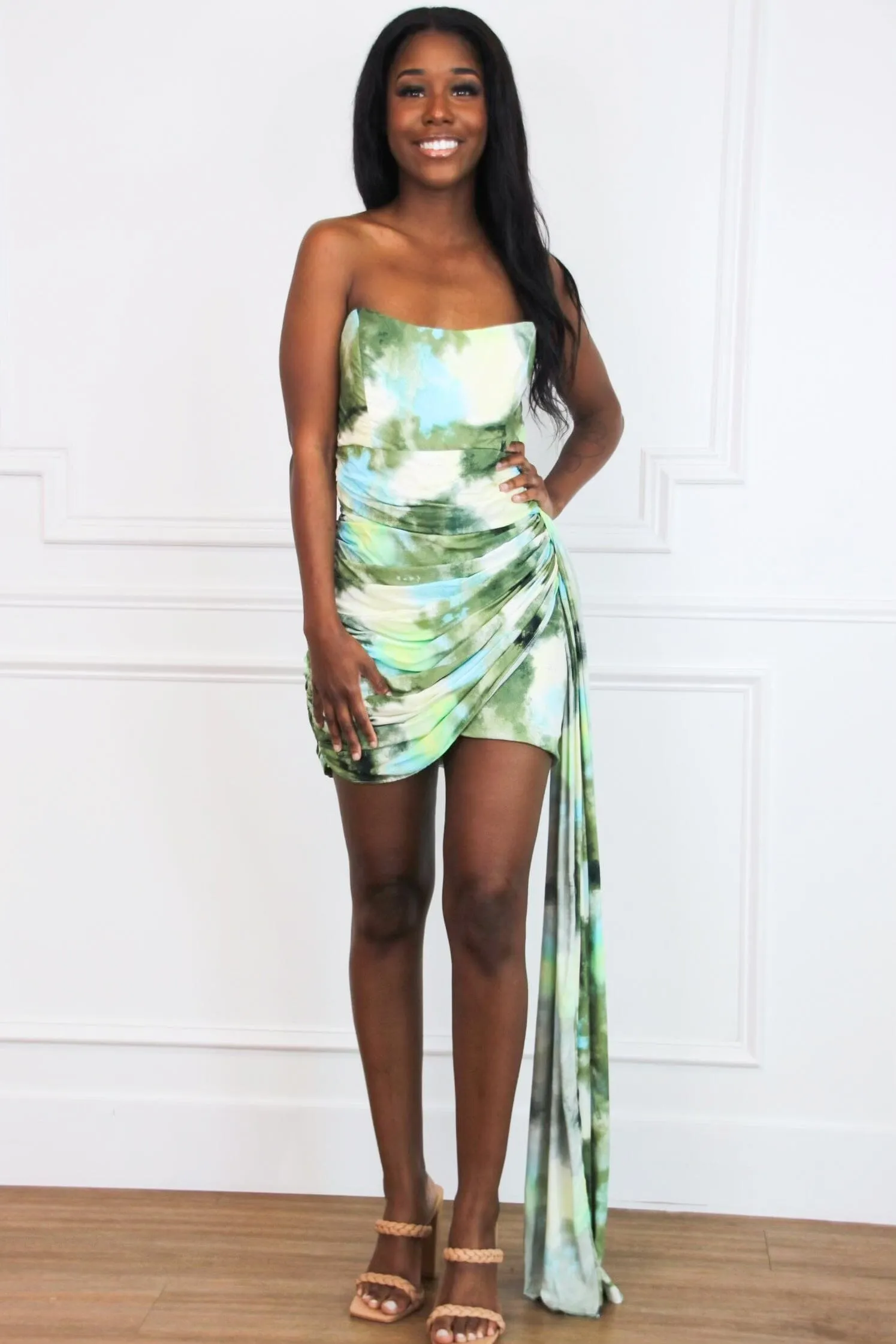 Lead the Way Abstract Sash Dress: Olive Green Multi sold by Bella and Bloom product image thumbnail 2