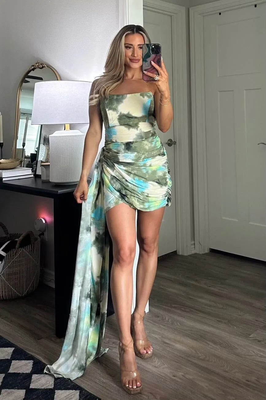 Lead the Way Abstract Sash Dress: Olive Green Multi sold by Bella and Bloom