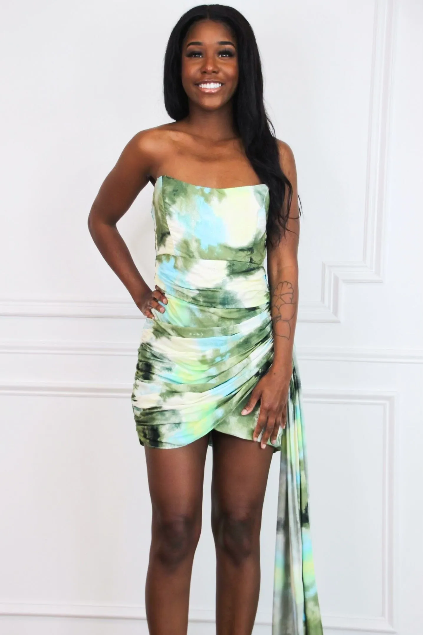 Lead the Way Abstract Sash Dress: Olive Green Multi sold by Bella and Bloom product image thumbnail 3