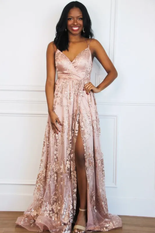 Holiday Affair Sparkly Glitter Open Back Maxi Dress: Rose Gold sold by Bella and Bloom