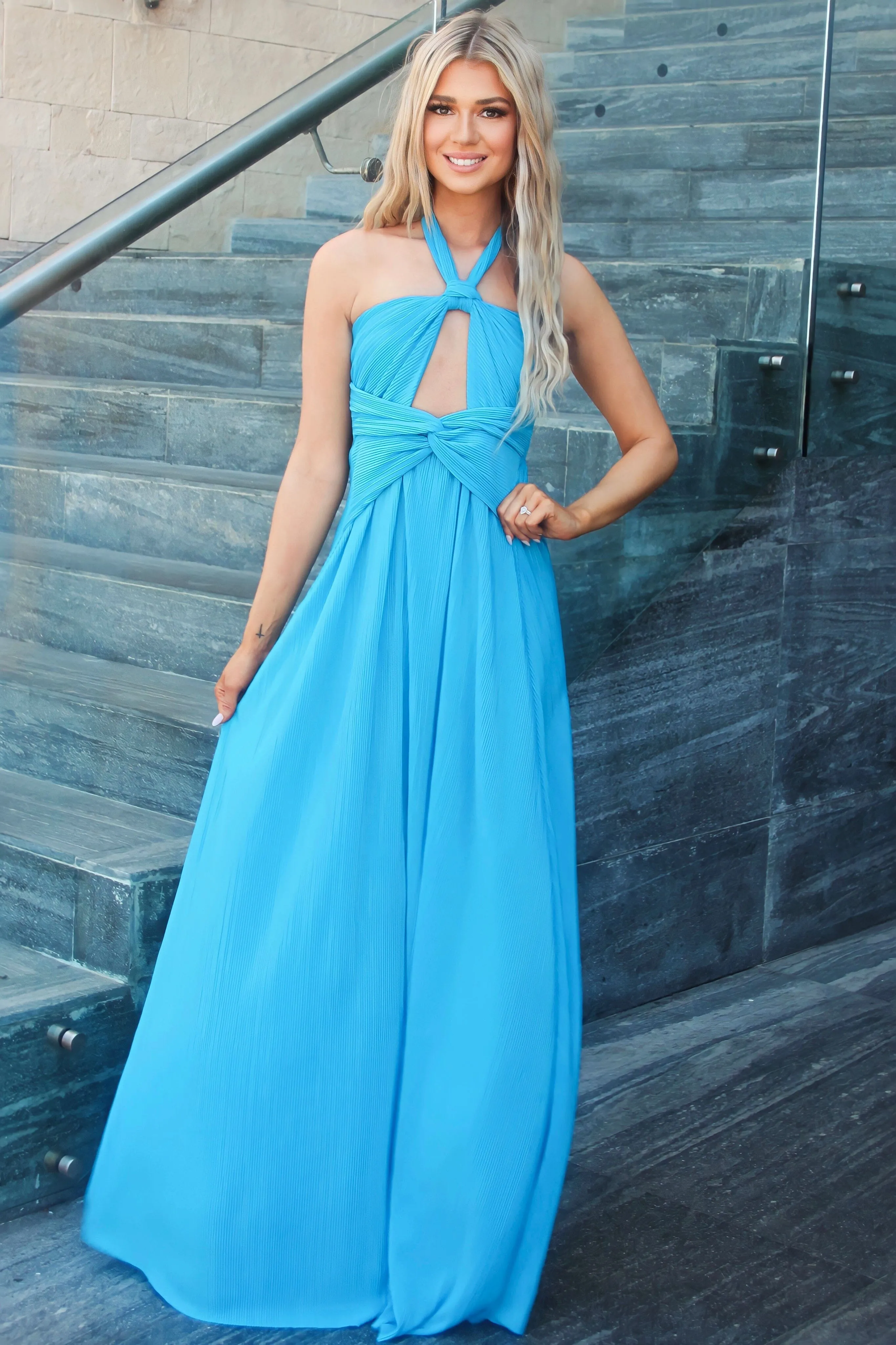 Misha Cutout Pleated Maxi Dress: Ocean Blue sold by Bella and Bloom