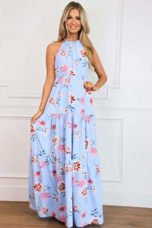 Giving Me Butterflies Floral Wrap Maxi Dress: Light Blue Multi sold by Bella and Bloom
